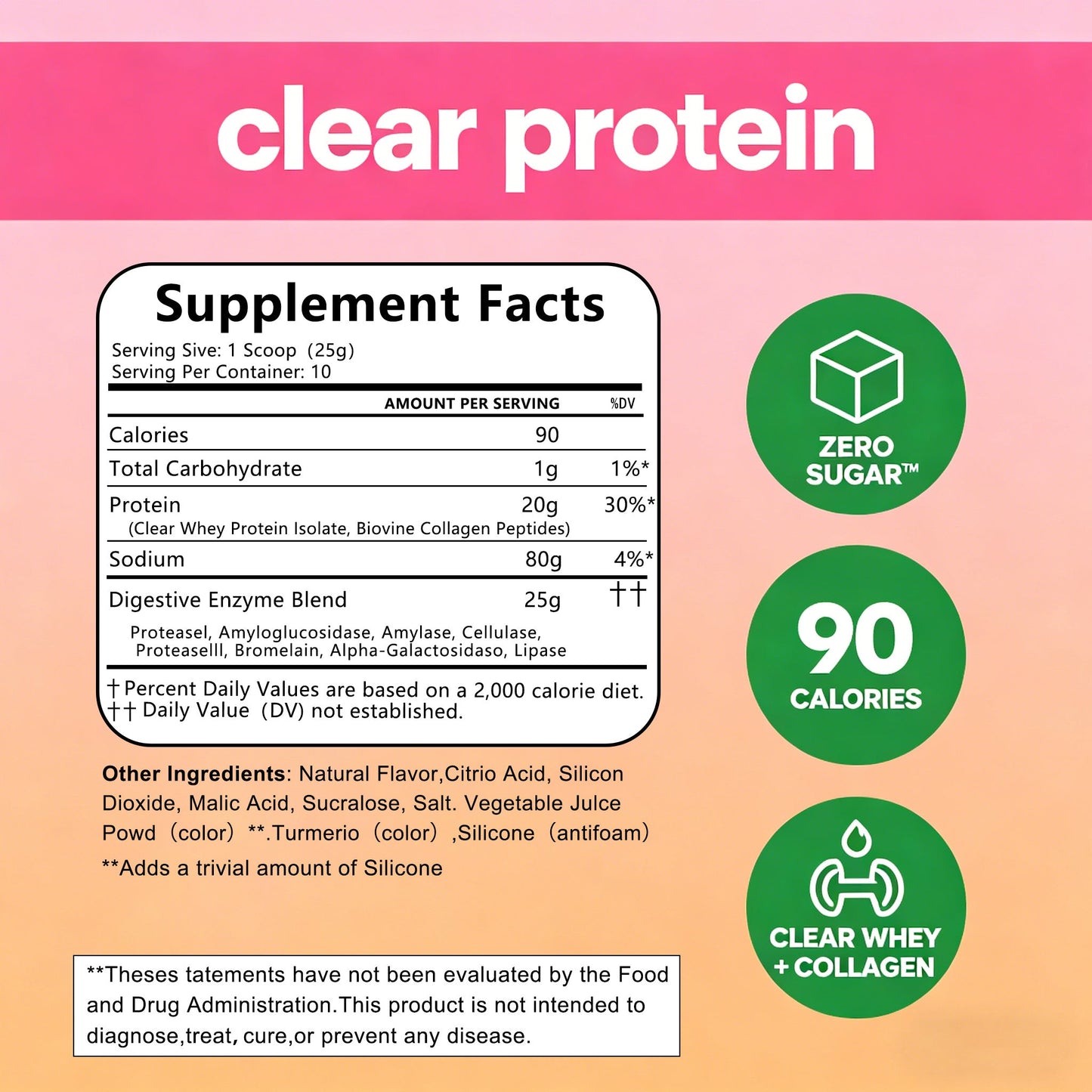 WINYEL Nutrition Clear Protein Collagen Peptides, Raspberry Lemonade, 20g Protein, Zero Sugar, Grass-Fed Whey, 250g