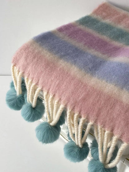 Rainbow Striped Fuzzy Scarf with Pom-Poms