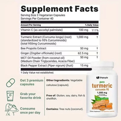 Pure Turmeric Curcumin 1000mg 120 Capsules With Ginger Black Pepper And Vitamin C For Joint Health