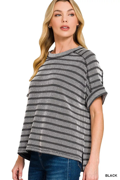 Zenana Raised Rib Striped Exposed Seam Top
