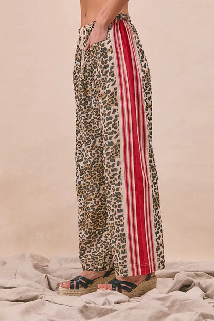 BiBi Leopard Print Pants with Side Contrast and Tucking Welt Pocke