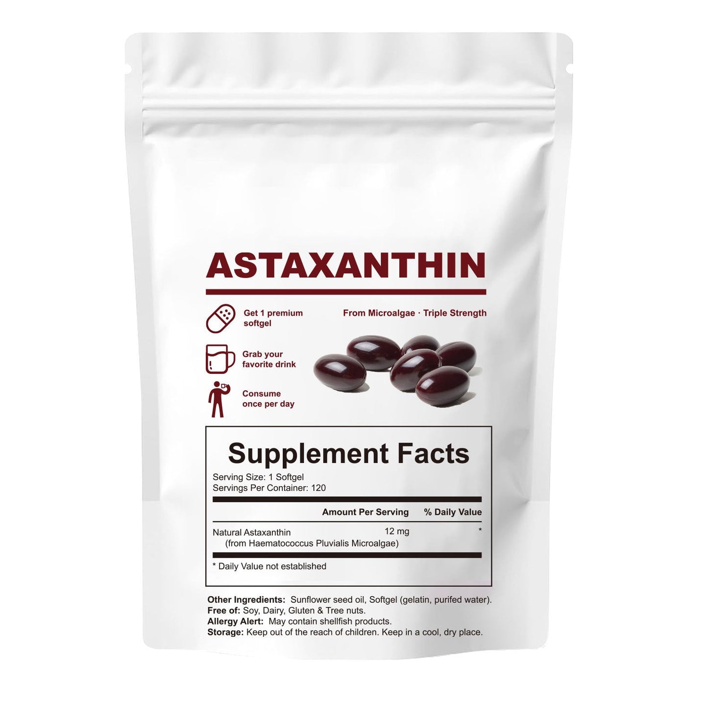 Astaxanthin 12mg Softgels - Triple Strength, From Microalgae, Antioxidant Support, Non-GMO, Gluten-Free & Dairy-Free, 120 Softgels