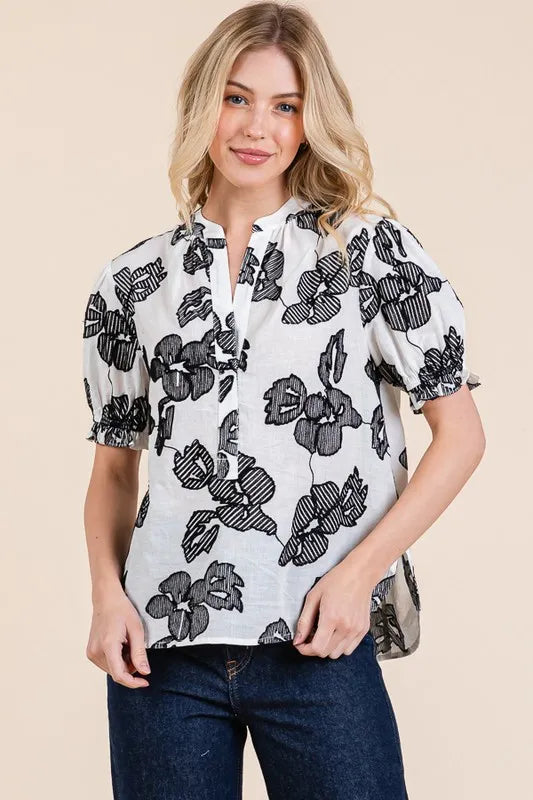 Lime 'N' Chili Embroidered Split Neck Puff Sleeve Blouse