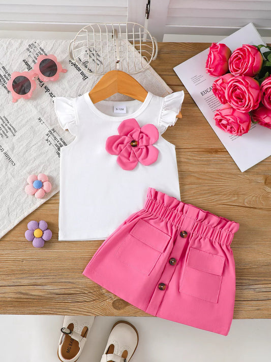 Children's Floral Applique Ruffle Sleeve Top & Skirt Set