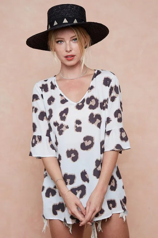 BiBi Leopard Printed V Neck Woven Top with Ruffled