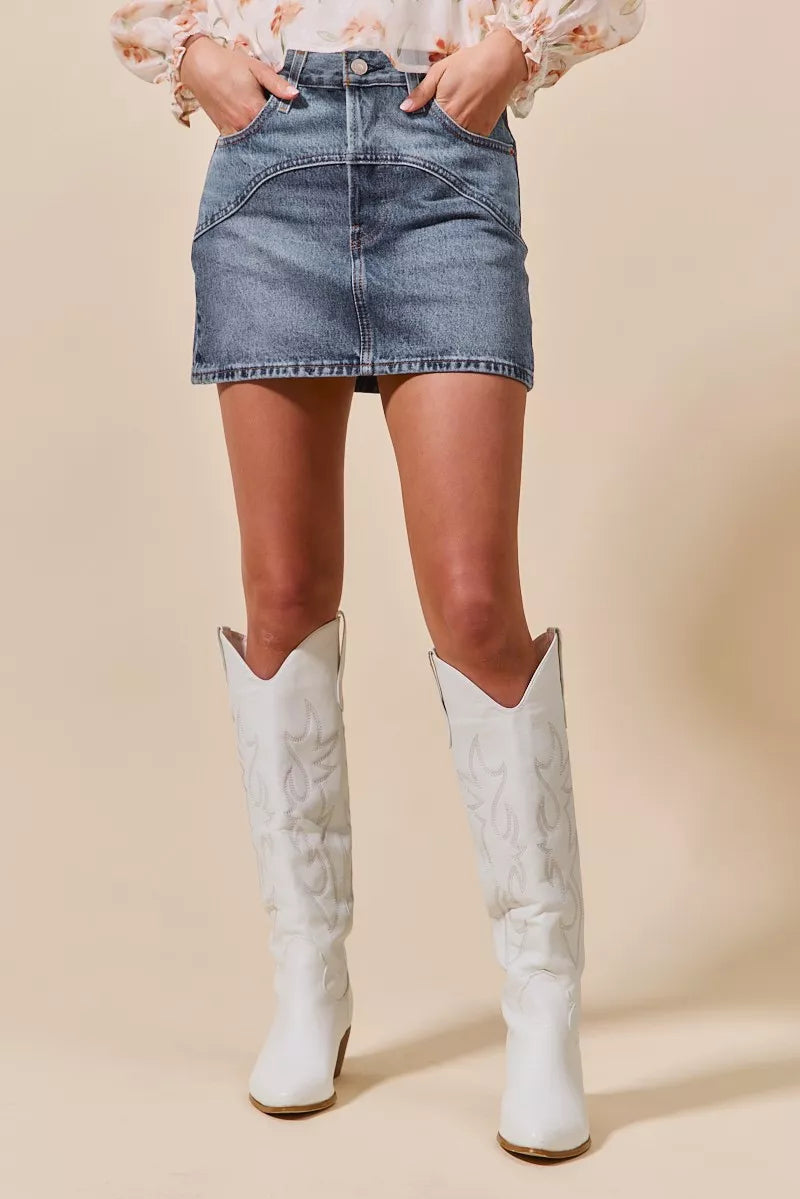 SO ME Washed Denim Mini Skirt with Pockets