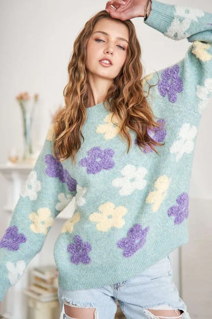 ADORA Full Size Floral Popped 2-Tone Sweater Top Plus Size