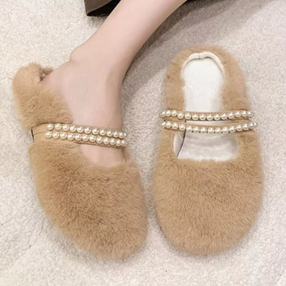 Pearl Embellished Plush Slippers