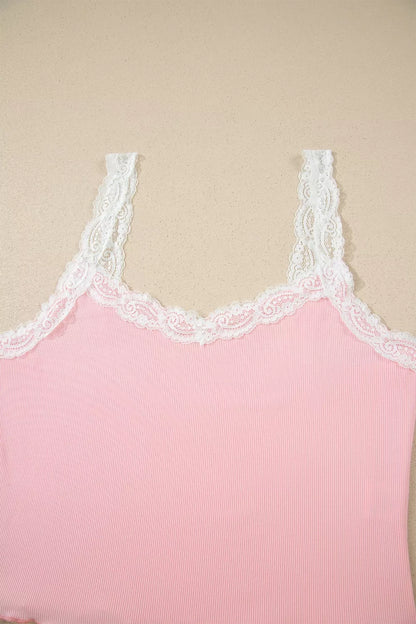 Ribbed Knit Lace Straps Patchwork Lettuce Hem Cropped Top Floral Short Lounge Set