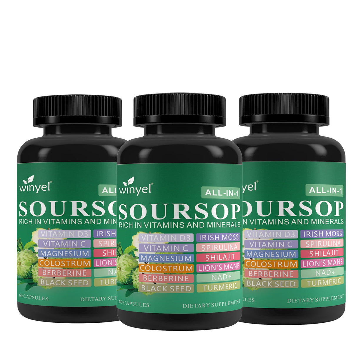 Soursop Supplement Containing 20 Herbal Extracts Including Seaweed, Lion's Mane Mushroom, Turmeric, Black Seed Oil, Oregano, And Mullein, Promoting Overall Health. Vegan, 60 Capsules.