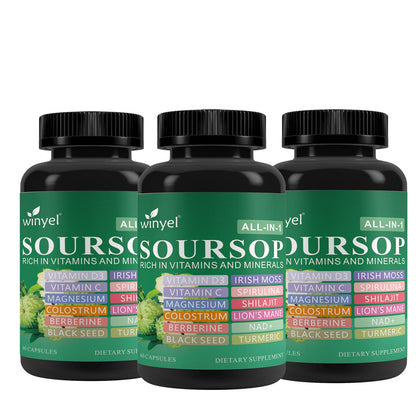 Soursop Supplement Containing 20 Herbal Extracts Including Seaweed, Lion's Mane Mushroom, Turmeric, Black Seed Oil, Oregano, And Mullein, Promoting Overall Health. Vegan, 60 Capsules.