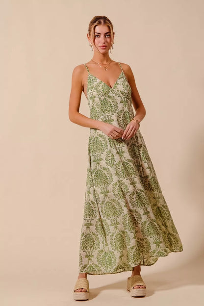 SO ME Damask Floral Summer Maxi Flowy Dress With Open Back