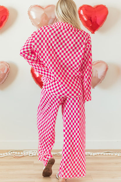Checkerboard Print Long Sleeve Top and Pants Set