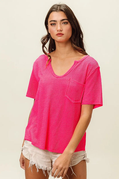 BiBi Waved Rib U Neck Top With Front Pocket