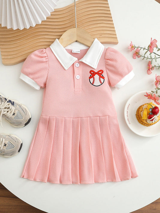 Children's Baseball Embroidered Pleated Dress