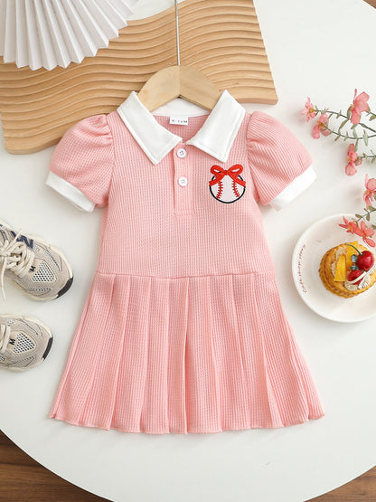 Children's Baseball Embroidered Pleated Dress