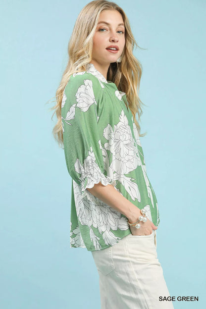 Umgee Peony Illustration Print Flounce Sleeve Blouse