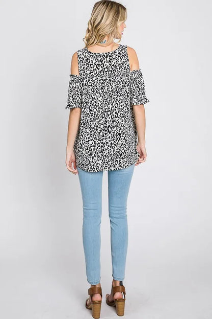 Heimish Full Size Leopard Round Neck Cold Shoulder T-Shirt Plus Size