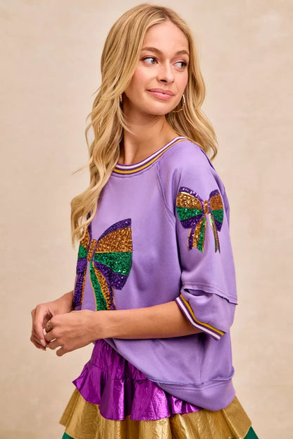 BiBi Mardi Gras Theme Ribbon Sequin Patched Top