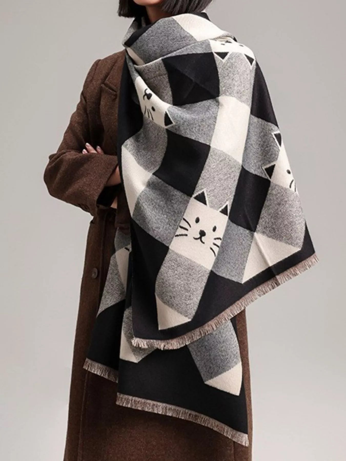 Cute Cat Pattern Plaid Raw Hem Scarf