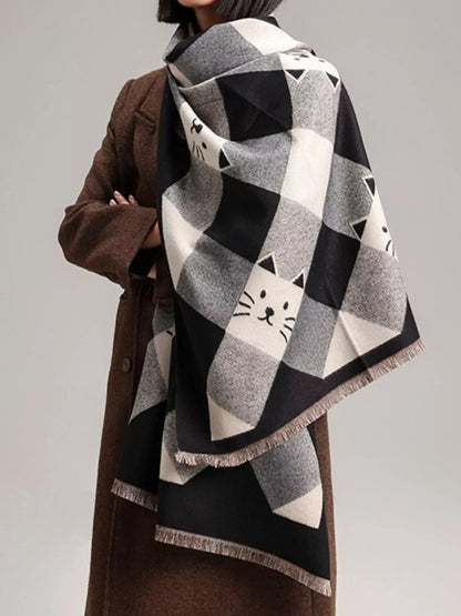 Cute Cat Pattern Plaid Raw Hem Scarf