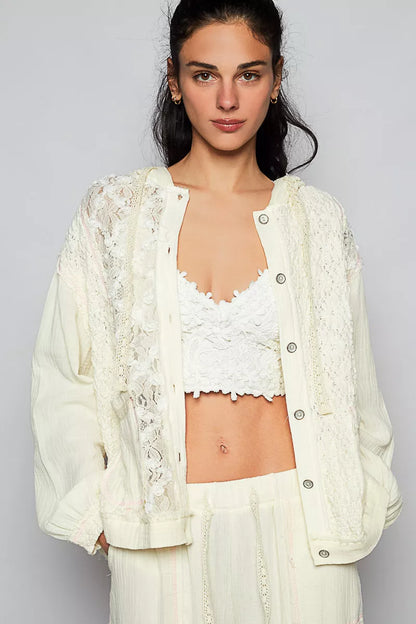 POL Exposed Seam Button Down Hooded Jacket with Lace Detail