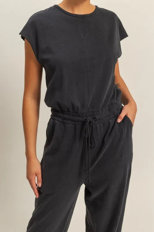 HYFVE Back Keyhole Round Neck Cap Sleeve Drawstring Jumpsuit