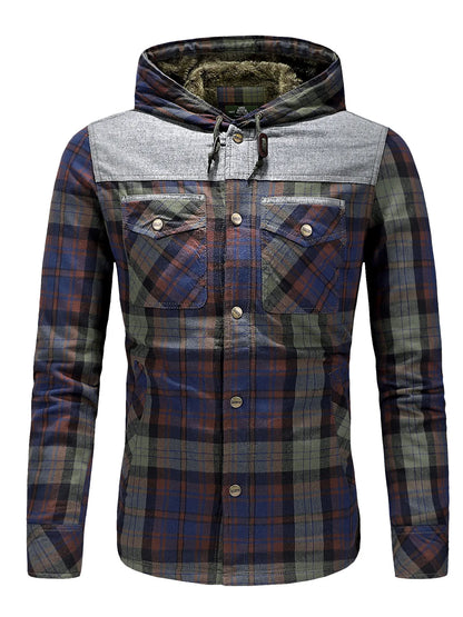 Men's Plus Size Drawstring Plaid Fleece Lined Hooded Outerwear