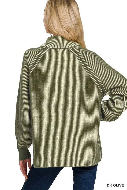 Zenana Ribbed Two Tone Half Zip Sweater