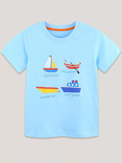 Children's Cartoon Boat Short Sleeve T-Shirt