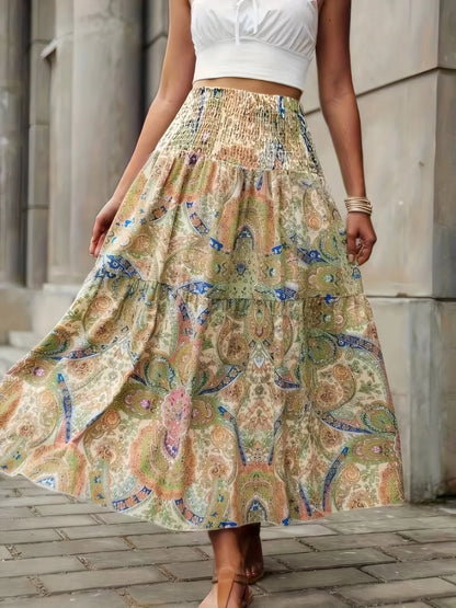 Smocked Printed High Waist Skirt