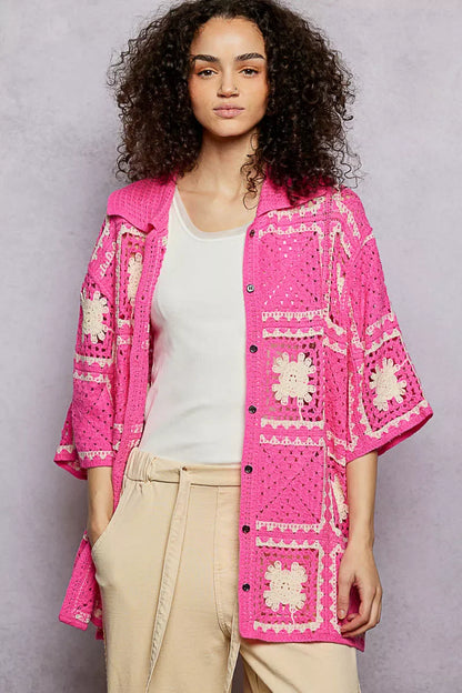 POL Button Down Openwork Floral Crochet Shirt with Granny Square Pattern