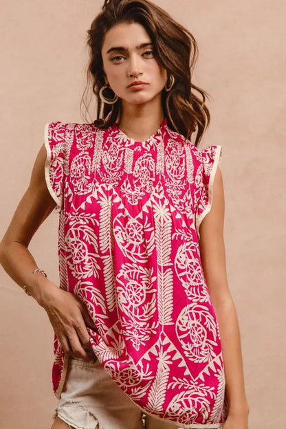 BiBi Printed Ruffle Sleeve Top