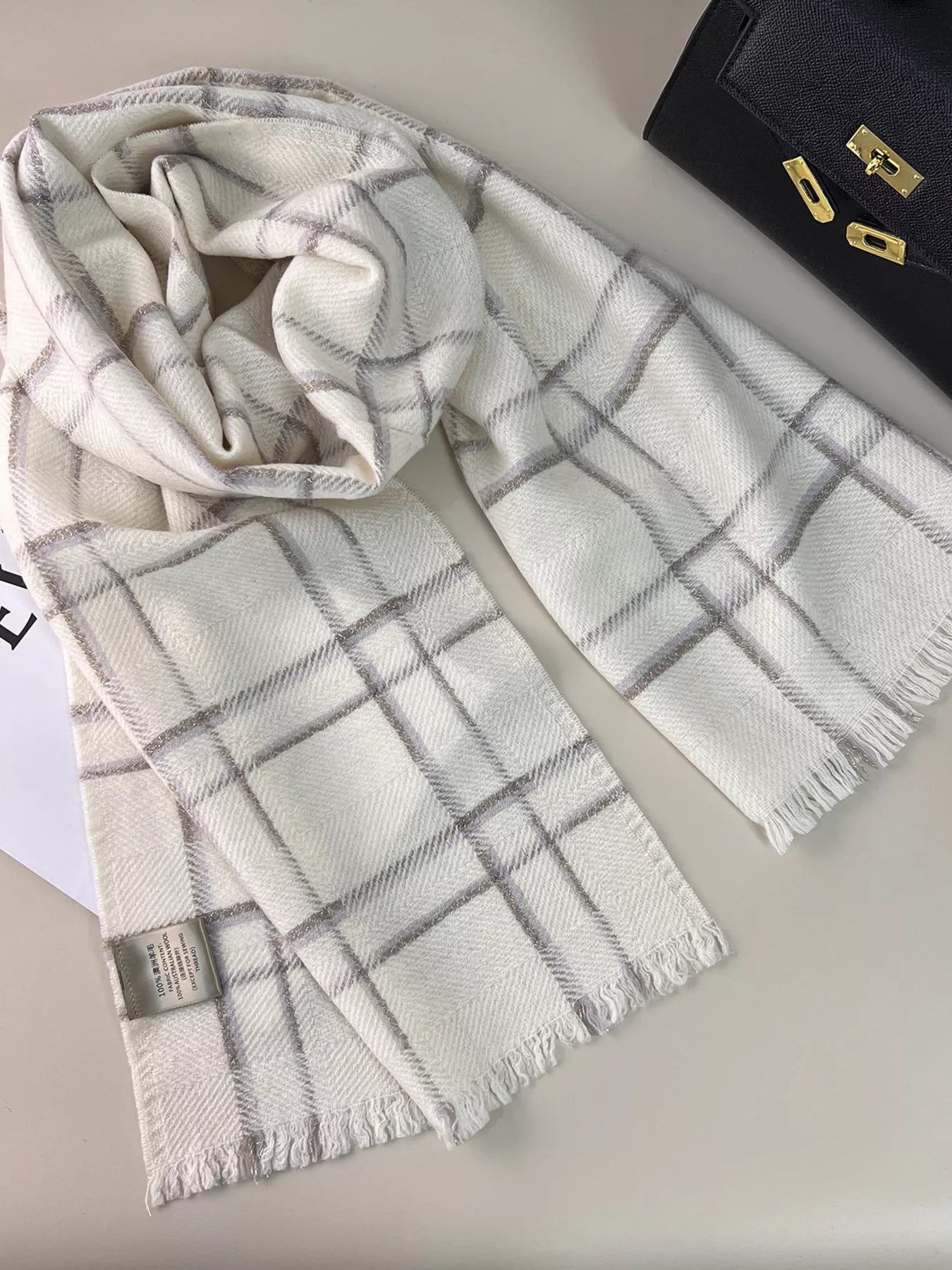 100% Wool Raw Hem Plaid Scarf