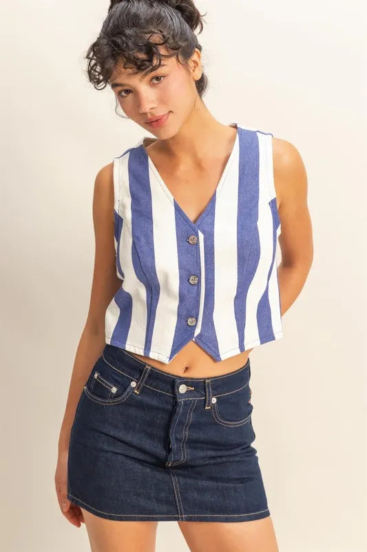 HYFVE Woven Striped V-Neck Button Down Vest