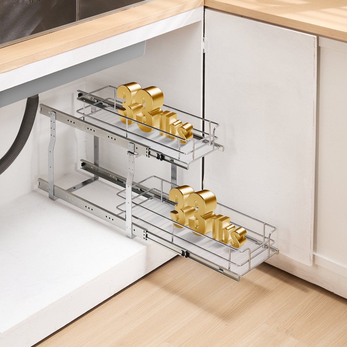 2-Tier 8.5"Wx21"Dx15"H Wire Pull Out Cabinet Under Sink Organizer Drawer Basket, 10"Wx22"Dx18"H  Install Size For Cabinet