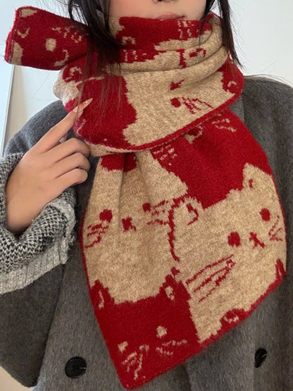Cute Cat Pattern Knitted Scarf