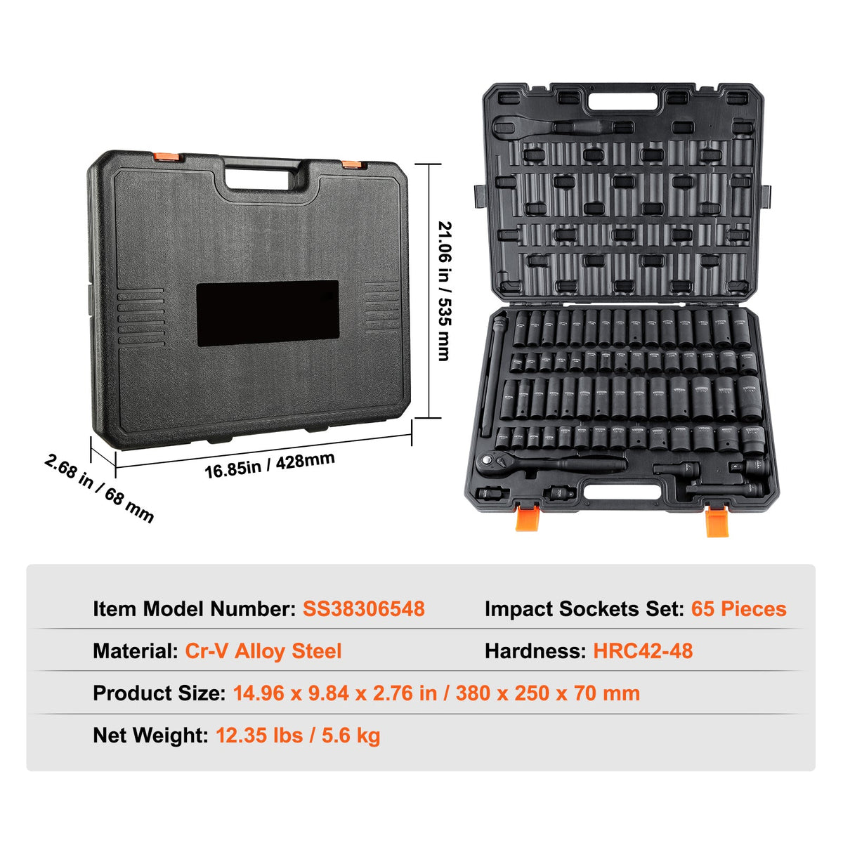 VEVOR Drive Impact Socket Set, 65 Piece Socket Set SAE  Metric 10-24mm, 6 Point Cr-V Alloy Steel For Auto Repair, Rugged Construction, Easy-to-Read Size Markings, Storage Case