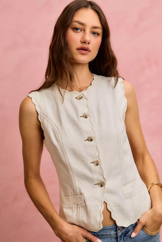 SO ME Scalloped Edge Cotton Twill Washed Vest Top