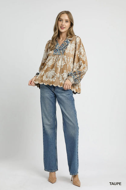 Umgee Floral Boho Blouse with Scalloped Hem