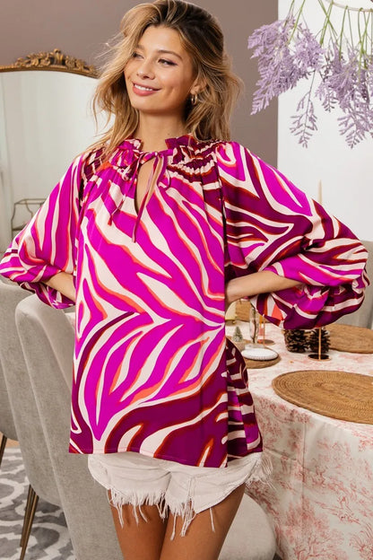 BiBi Tied Neck Half Balloon Sleeve Zebra Satin Top