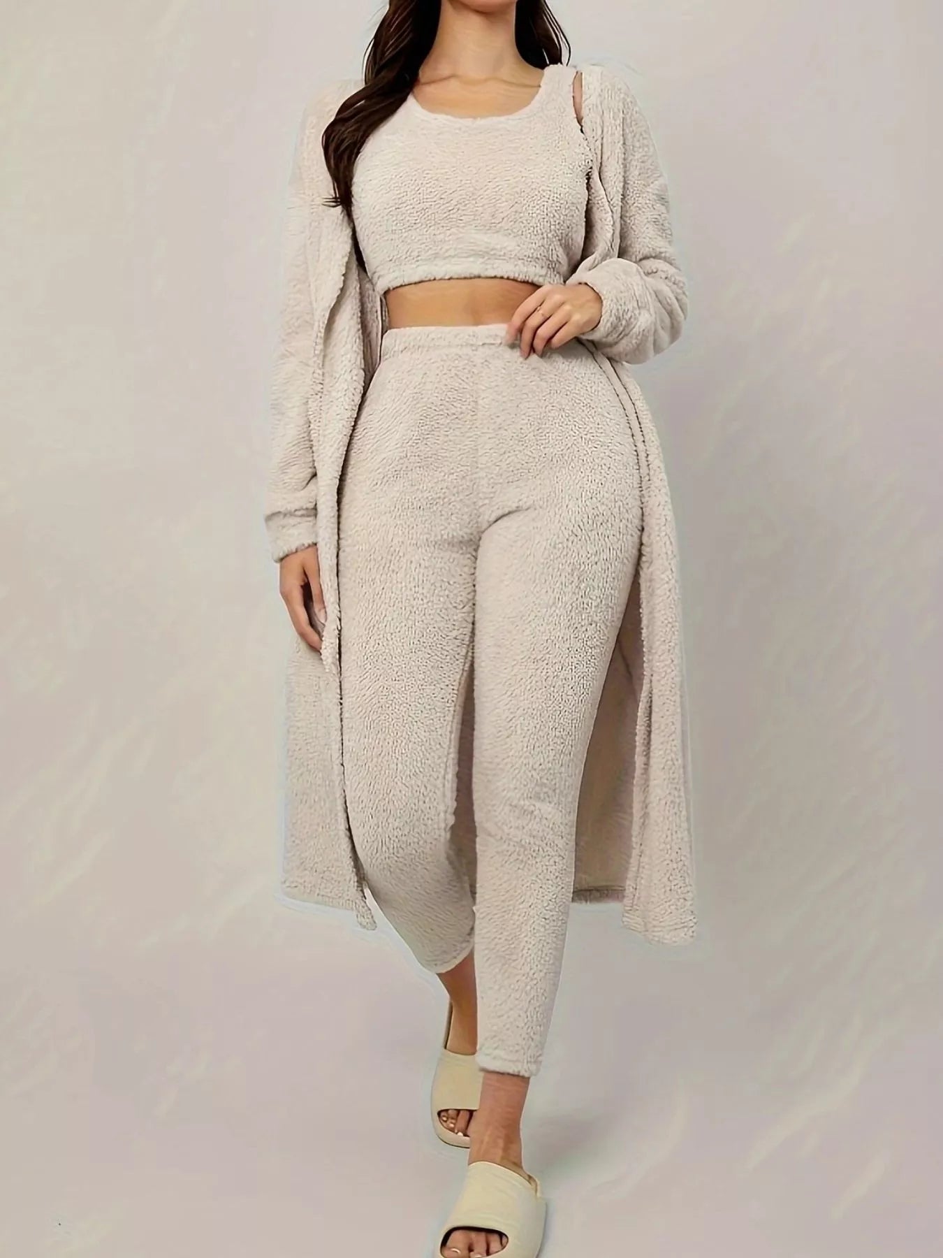 Fuzzy Tank Long Sleeve Cardigan and Pants 3-Piece Lounge Set