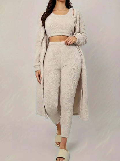 Fuzzy Tank Long Sleeve Cardigan and Pants 3-Piece Lounge Set