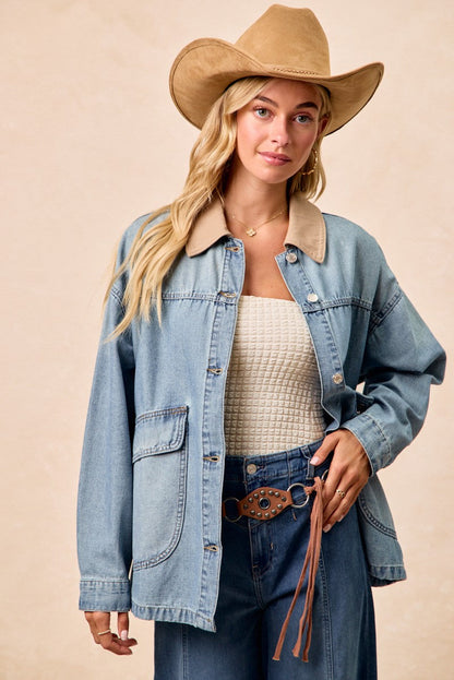 BiBi Washed Denim Jacket with Contrast Collar Detail