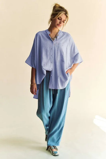 Davi & Dani Rhinestone Pleat Back Short Sleeve Loose Fit Shirt