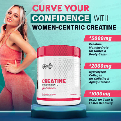 Creatine Monohydrate For Women With Collagen & BCAA, 5000mg Creatine, Unflavored, No Sugar, Supports Glutes, Skin & Recovery, Women Creatine Supplement