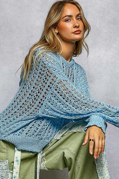 POL Openwork Round Neck High Low Knit Top