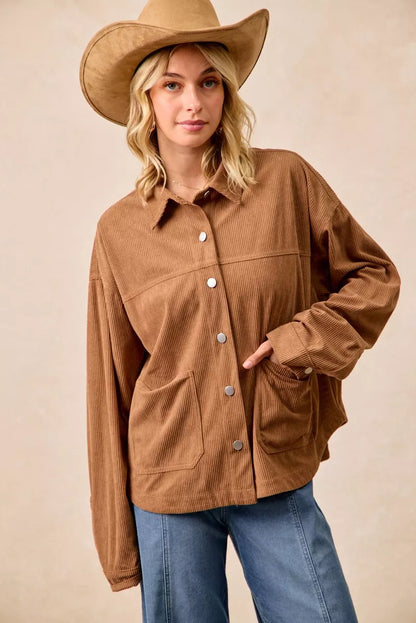 BiBi Corduroy Relaxed Fit Shacket with Back Pleat