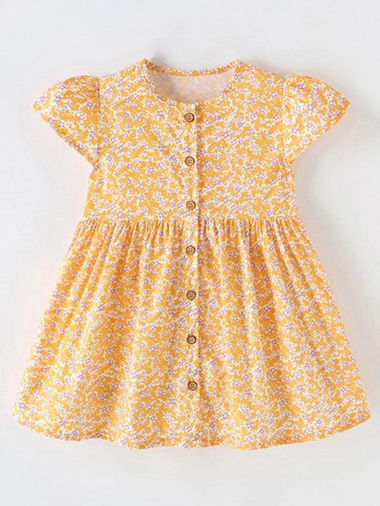 Children's Floral Print Button-Front Flutter Sleeve Dress