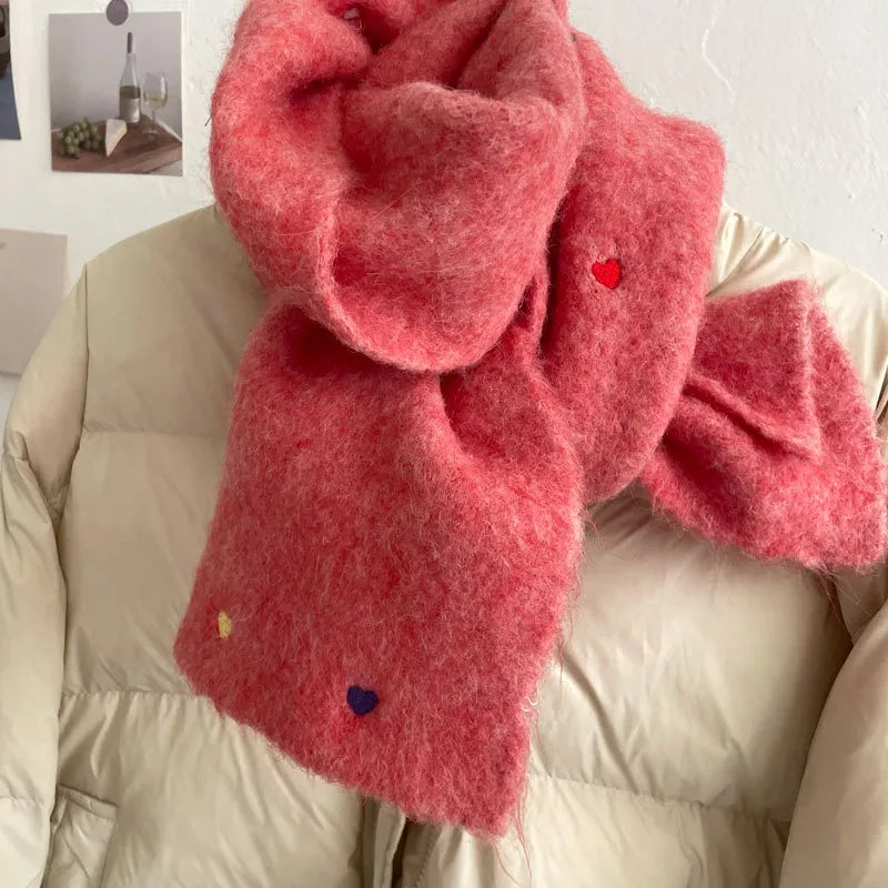Heart-Embellished Fuzzy Knit Scarf